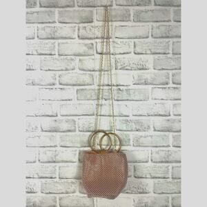 Jessica McClintock Ball Mesh Evening Bag Gold Wristlet O-Ring Clutch Chain Strap